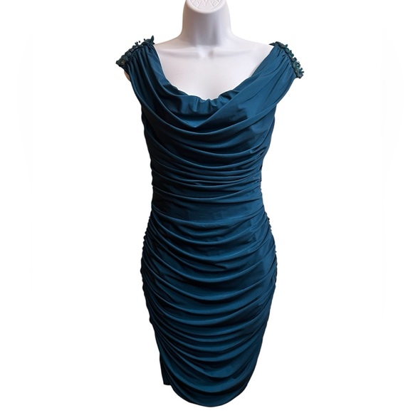 Tadashi Shoji Elegant Teal Ruched Dress Size S - Picture 1 of 6